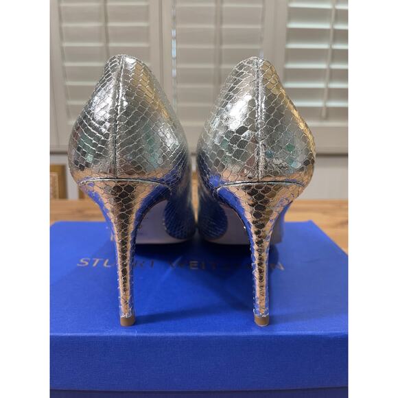 Stuart Weitzman Stuart 85 Scallop Pump Silver Metallic Snake Leather Sz 8.5 NIB - Picture 8 of 12